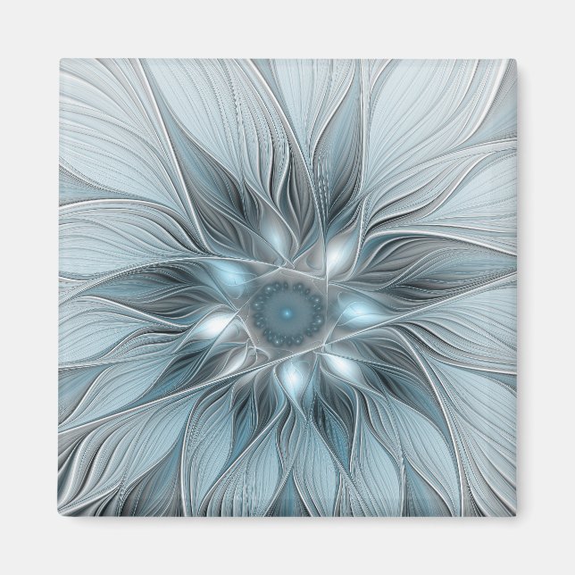 Íman Flor Abstrata Alegre Azul Cinza Floral Fractal (Frente)