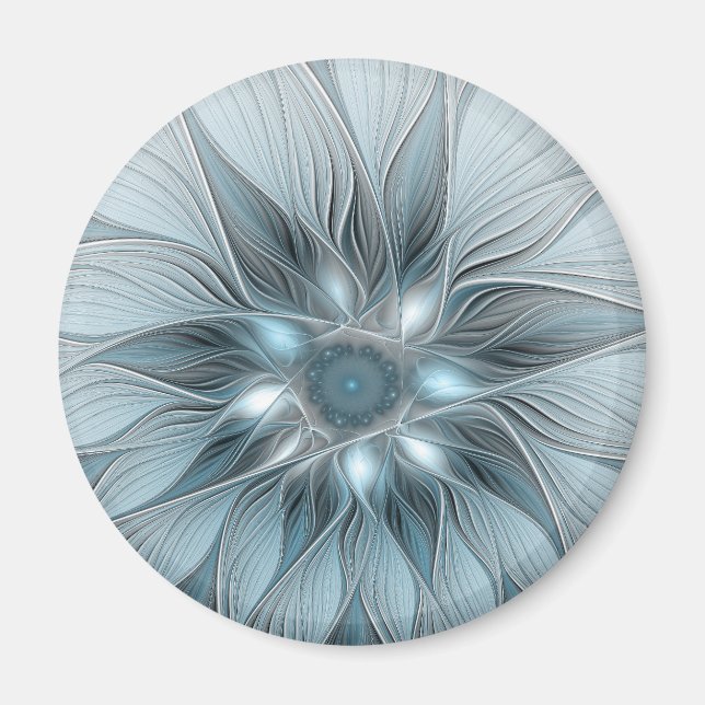 Íman Flor Abstrata Alegre Azul Cinza Fractal Floral (Frente)