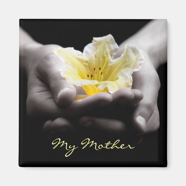 Íman Flor Amarelo Nas Mãos Para Mãe (Frente)