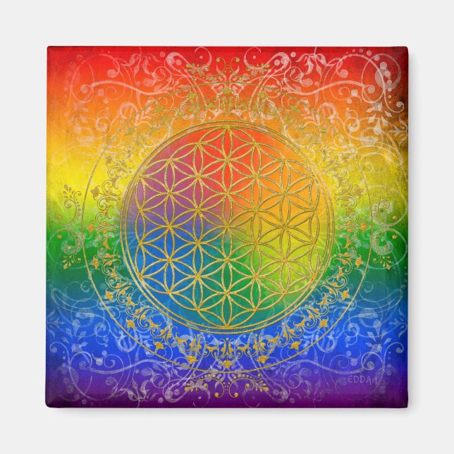 Íman Flor da Vida - Ornamento Ouro arco-íris (Frente)
