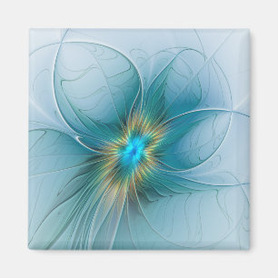 Íman Flor de Arte Fractal Dourada e Azul Moderno