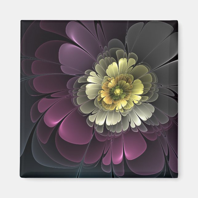 Íman Flor de Fractal Abstrato Moderno Purpur Khaki Cinz (Frente)