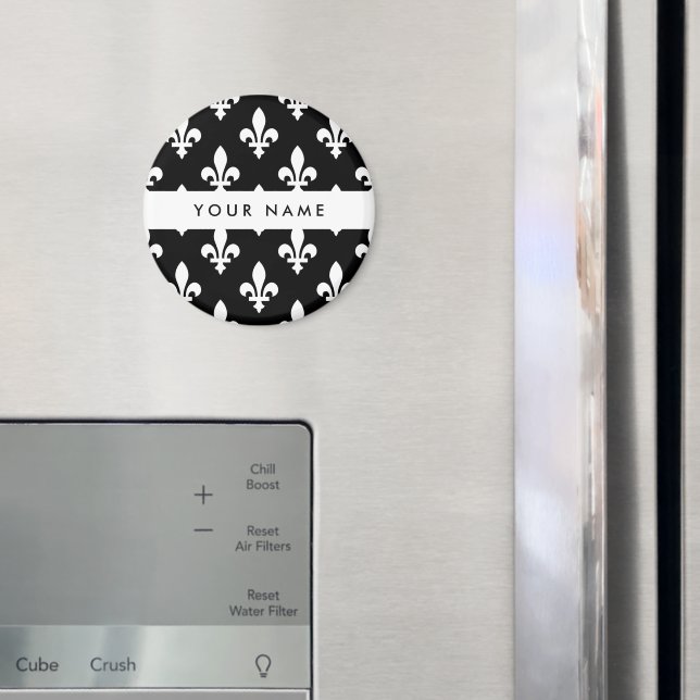 Íman Flor de Lis, Branco sobre Preto, Branco, Seu Nome (In Situ (Fridge))