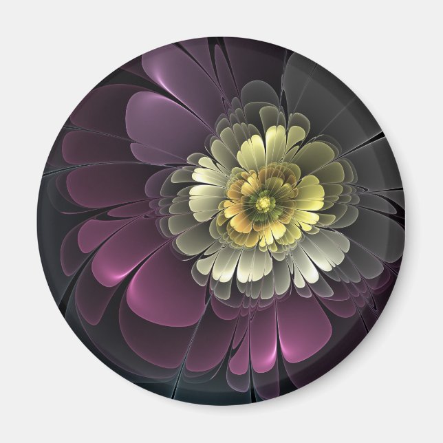 Íman Flor Fractal Abstrata Moderna Purpura Cinza Khaki (Frente)