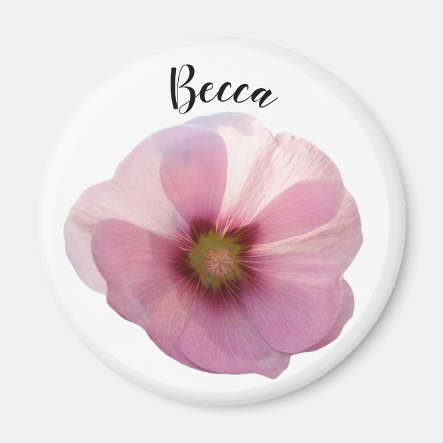 Íman Flor Hollyhock Rosa Brilhante Personalizado (Frente)