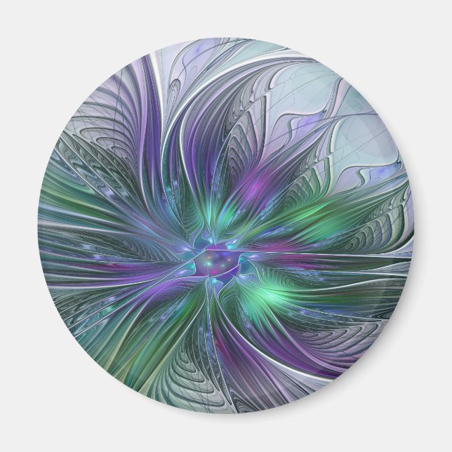 Íman Flor Moderna Abstrata Fractal Verde Roxo (Frente)