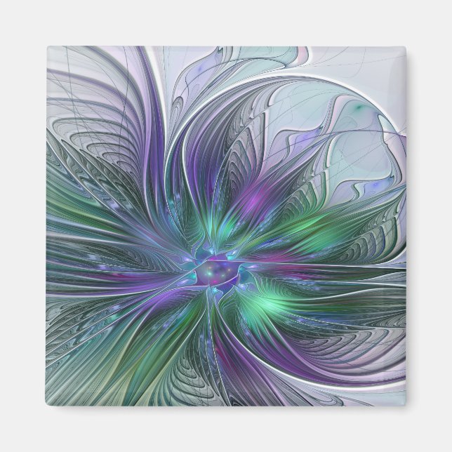 Íman Flor Moderna Arte Abstrata Fractal Roxa Verde (Frente)