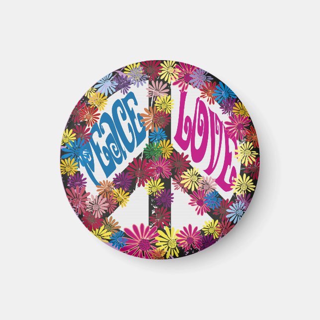Íman Flor Power Peace & Love Hippie Symbols Magnet (Frente)