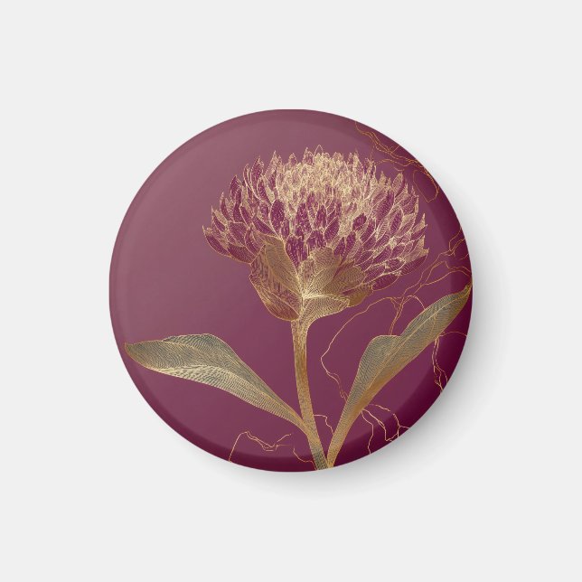 Íman Flor Protea Dourada Bordô Ilustração Botânica (Frente)