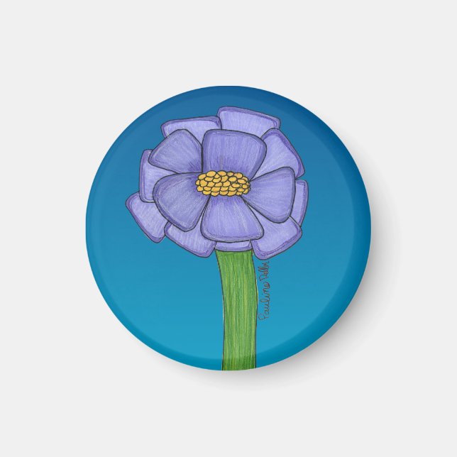 Íman Flor quadrada roxa com fundo azul (Frente)