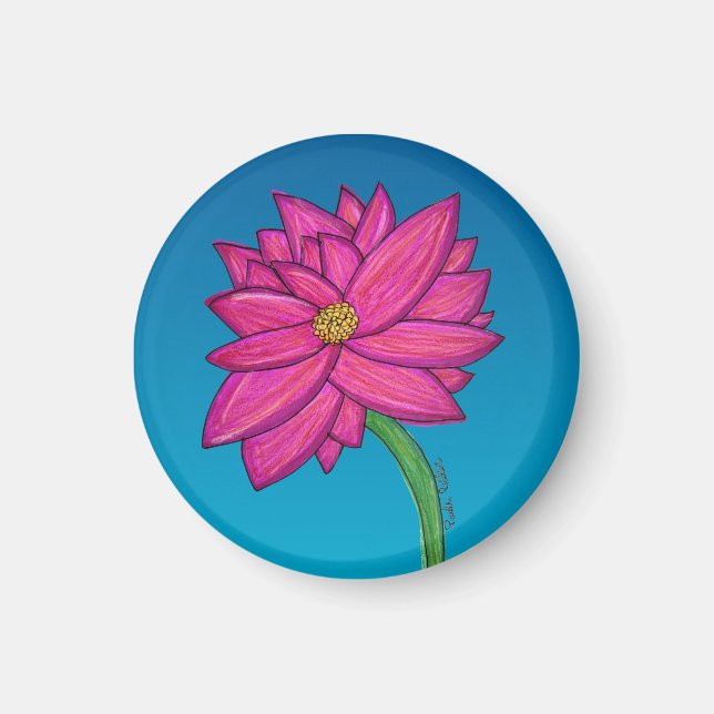 Íman Flor Rosa Fúcsia com fundo azul (Frente)
