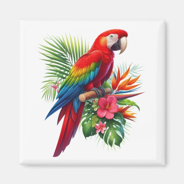 Íman Flor tropical de arara vermelha (Frente)