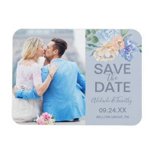 Íman Florais Azuis Dusty Slate Photo Save the Date (E