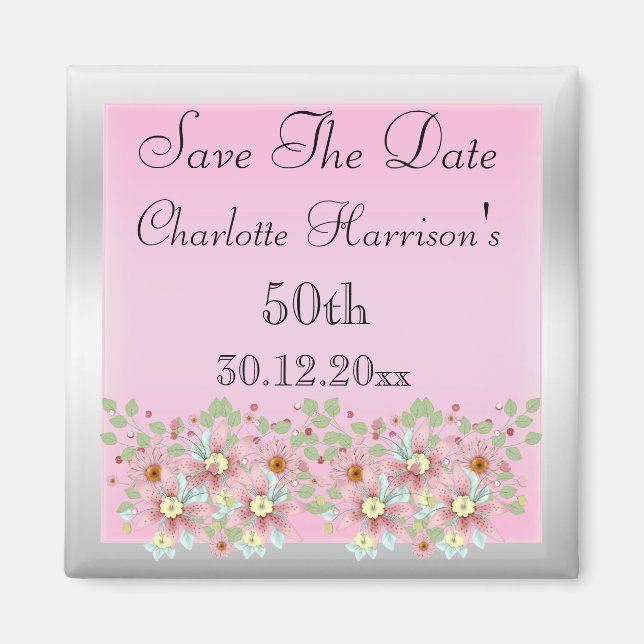 Íman Florais Rosa & Prata Save The Date 50º (Frente)