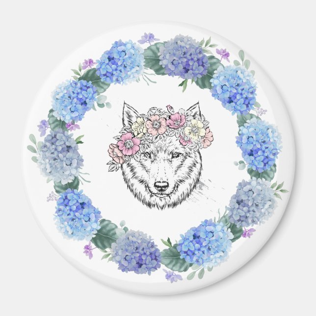 Íman Floral Azul Branco Hidrangea Wolf Magnet (Frente)