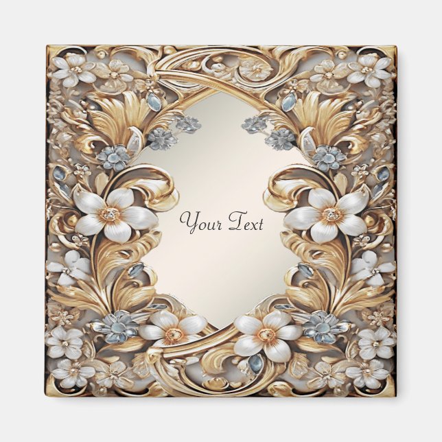 Íman Floral Branco Dourado Decorativo (Frente)