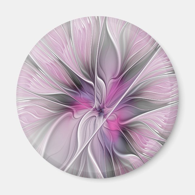 Íman Floral Fractal Moderno Abstrato Flor Rosa Cinza (Frente)