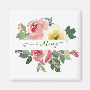 Íman Floral personalizado em aquarela rosa e amarelo