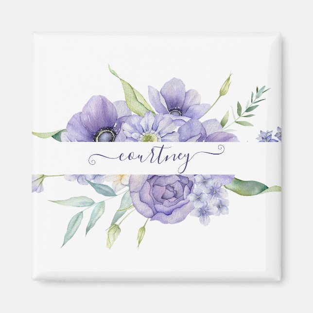 Íman Floral personalizado em aquarela roxa  (Frente)