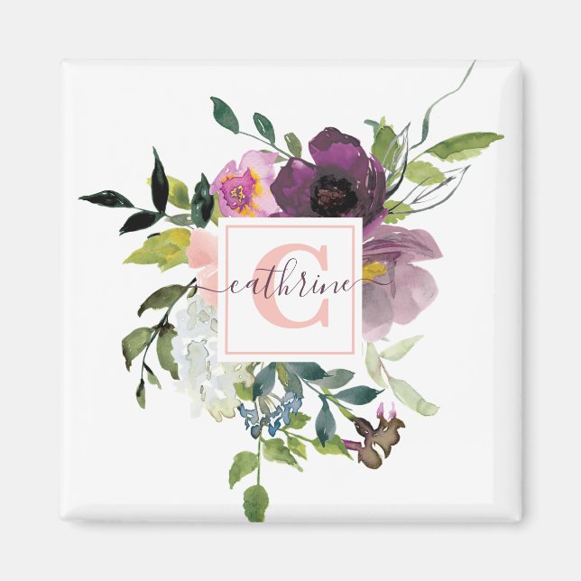 Íman Floral personalizado rosa e roxo  (Frente)
