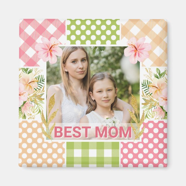 Íman Floral & Plaid Photo Frame Mother's Day (Frente)