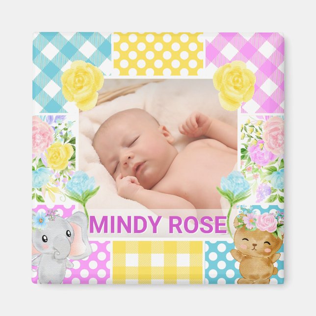 Íman Floral & Plaid Photo Frame Newborn Baby (Frente)