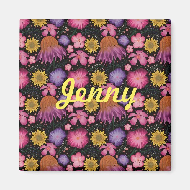Íman Floral Preto de Flor Selvagem Personalizado (Frente)
