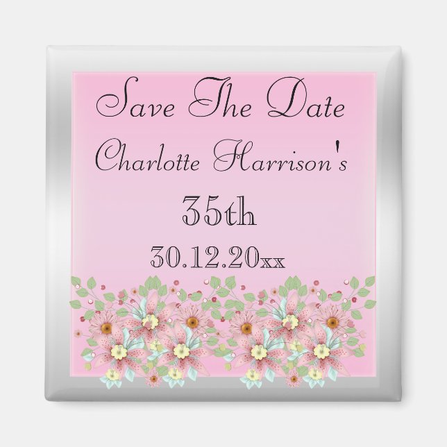 Íman Floral Rosa & Prata Save The Date 35º (Frente)