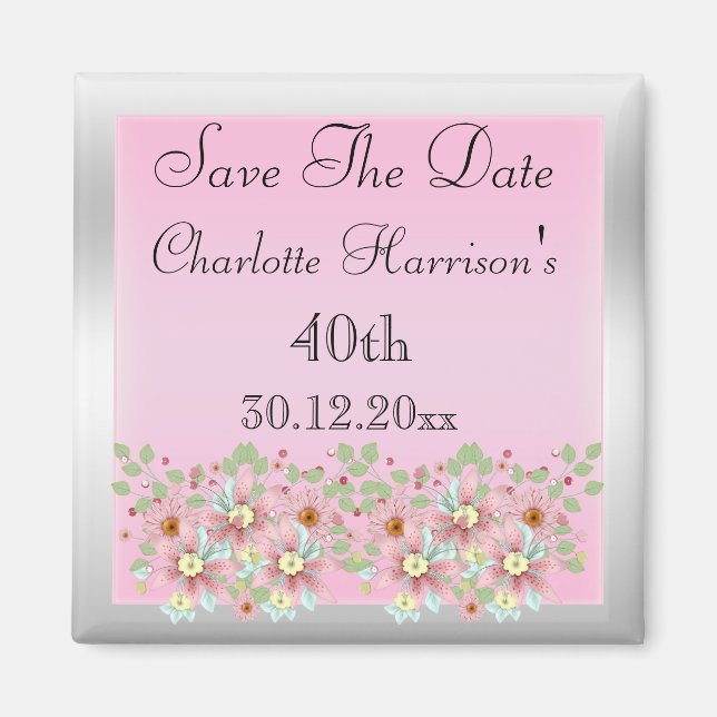 Íman Floral Rosa & Prata Save The Date 40º (Frente)