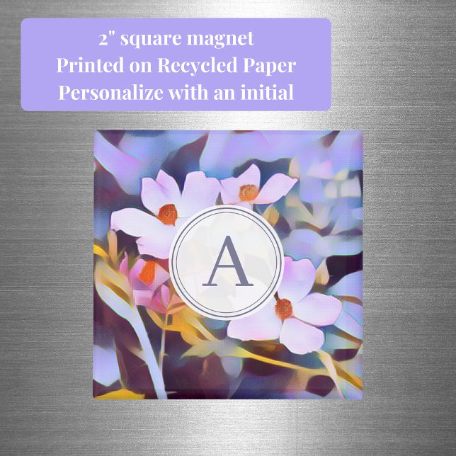 Íman Floral Roxo e Azul com Inicial (Purple and blue floral initial square magnet)