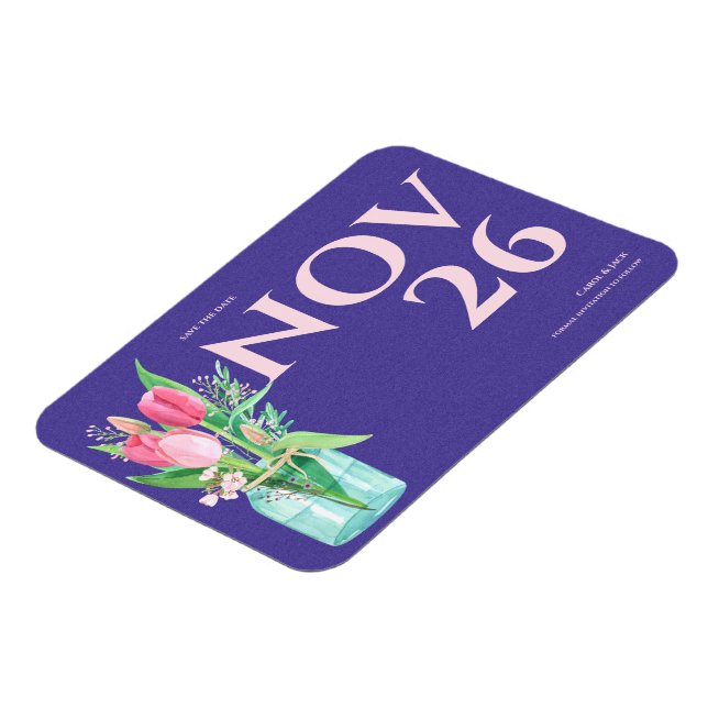 Íman Floral Roxo e Blush Casamento Salve a Data (Left Side)