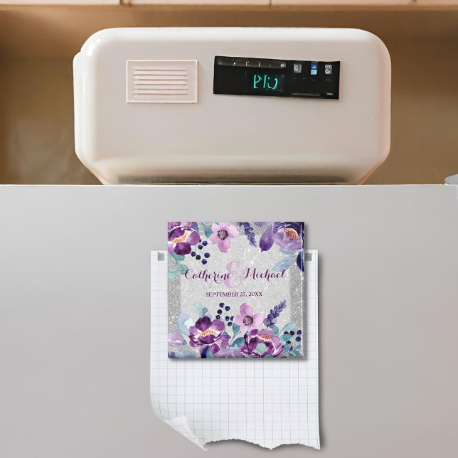 Íman Floral Roxo e Brilho Prateado (Front view mauve luxe glam bloom wedding artistic summer pastel purple floral Save the Date Magnet)