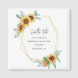 Íman Floral Sunflower Eucalyptus Weding Save The Date<br><div class="desc">Planeje o seu casamento perfeito nesta temporada com nossos cartões salve a data do tema girassol brilhante. Apresentando a floração de girassol e a estrutura geométrica do efeito ouro, este cartão pode ser facilmente personalizado para sua ocasião especial, como um chá de panela, festa de noivado, festa de aniversário, aniversários,...</div>