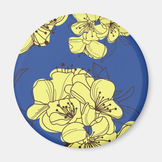 Íman Flores Amarelas Desenhadas à Mão em Azul (Frente)