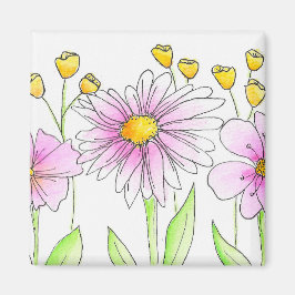 Íman Flores Bonitas Rosa e Amarelo em Aquarela