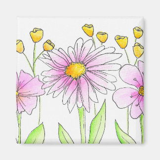 Íman Flores Bonitas Rosa e Amarelo em Aquarela
