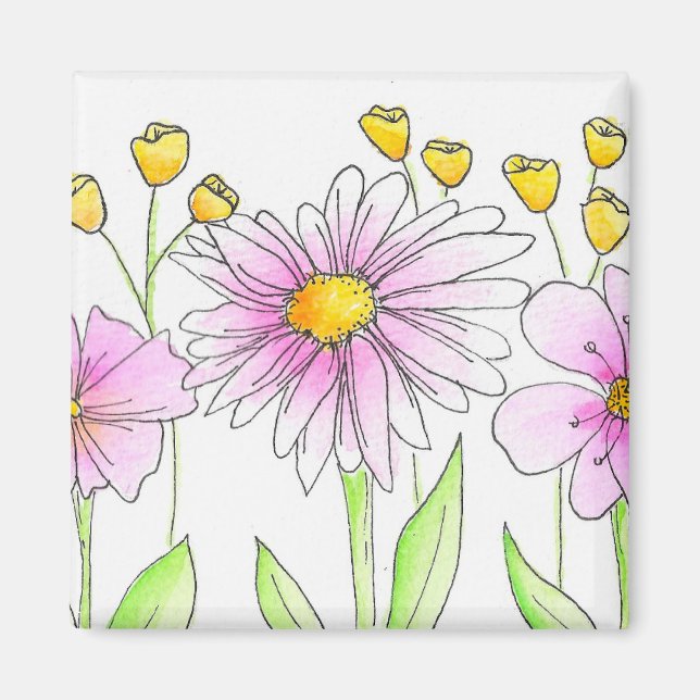 Íman Flores Bonitas Rosa e Amarelo em Aquarela (Frente)