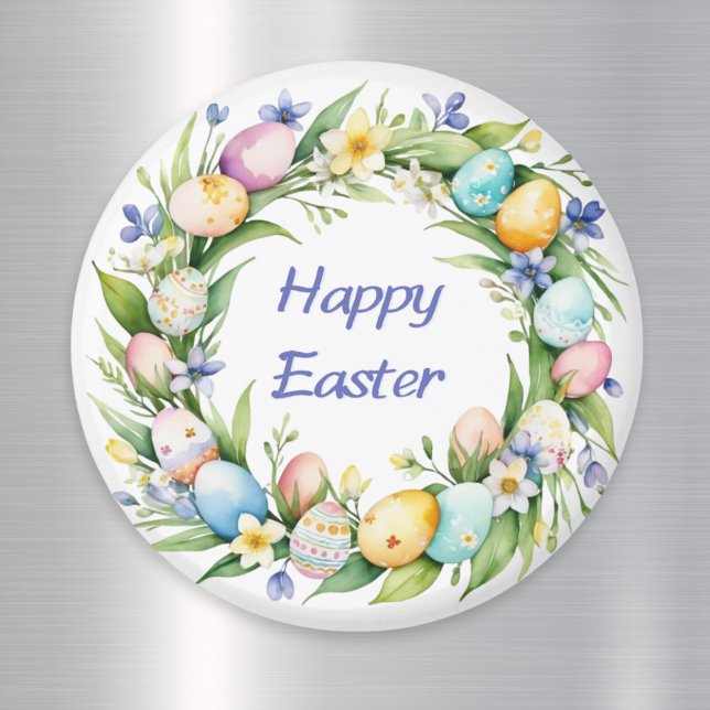 Íman Flores bonito de Primavera por, Felz pascoa de ovo (A pretty magnet with 'Happy Easter' greeting and watercolor-style wreath with eggs and Spring blooms)