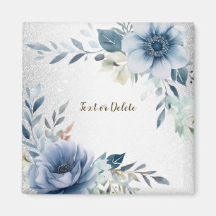 Íman Flores de Aquarela Azul Empoeirado Prata Elegante