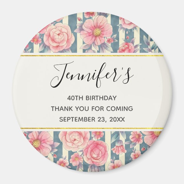 Íman Flores de Aquarela Rosa em Stripes Aniversário (Frente)