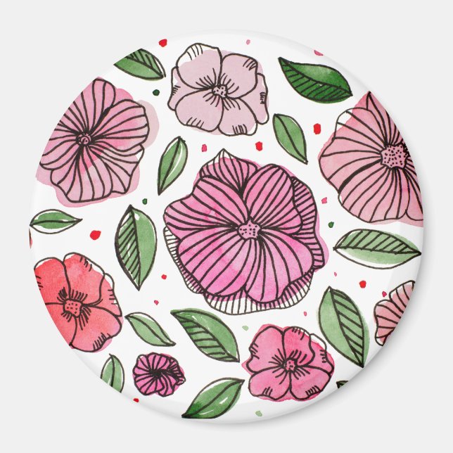 Íman Flores de aquarelas e de tinta - rosa e verde (Frente)
