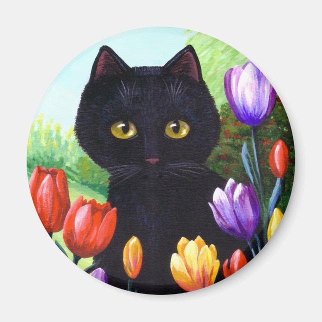 Íman Flores de Arte Original de Gato Negro Primavera (Frente)