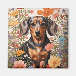 Íman Flores De Dachshund Castanho E Cosmos