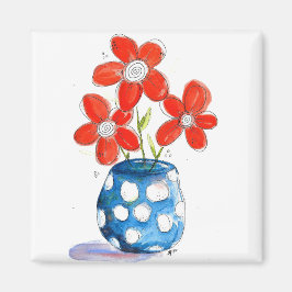 Íman Flores de Laranja Whimsical em Vaso Azul