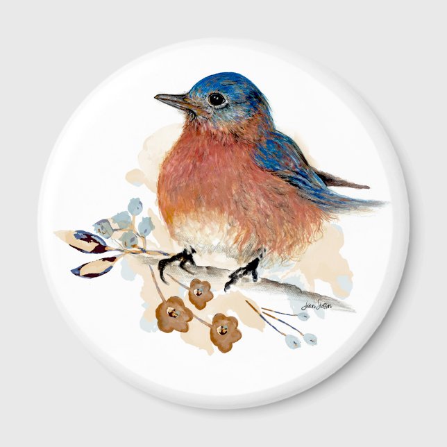 Íman Flores de Pássaro Azul Aquarela (Bluebird Flowers Watercolor Magnet from Jenn Steffen Art)