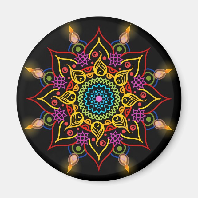 Íman Flores Diwali Rangoli com lâmpadas de óleo (Frente)