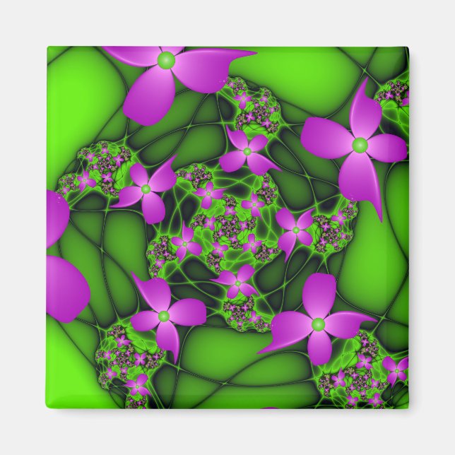 Íman Flores Fractais Modernas Abstratas Rosa Verde Neon (Frente)