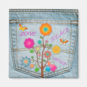 Íman Flores no Bolso Traseiro de Jeans Paz Amor Esperan