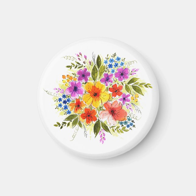 Íman Flores pintadas à mão, vibrante buquê de aquarela. (Frente)
