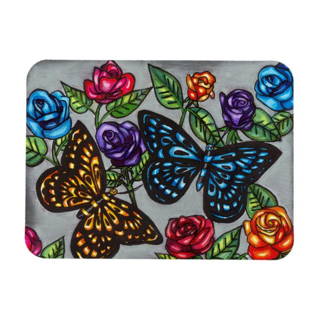 Íman Flores rosa da borboleta desenho natural original (Horizontal)